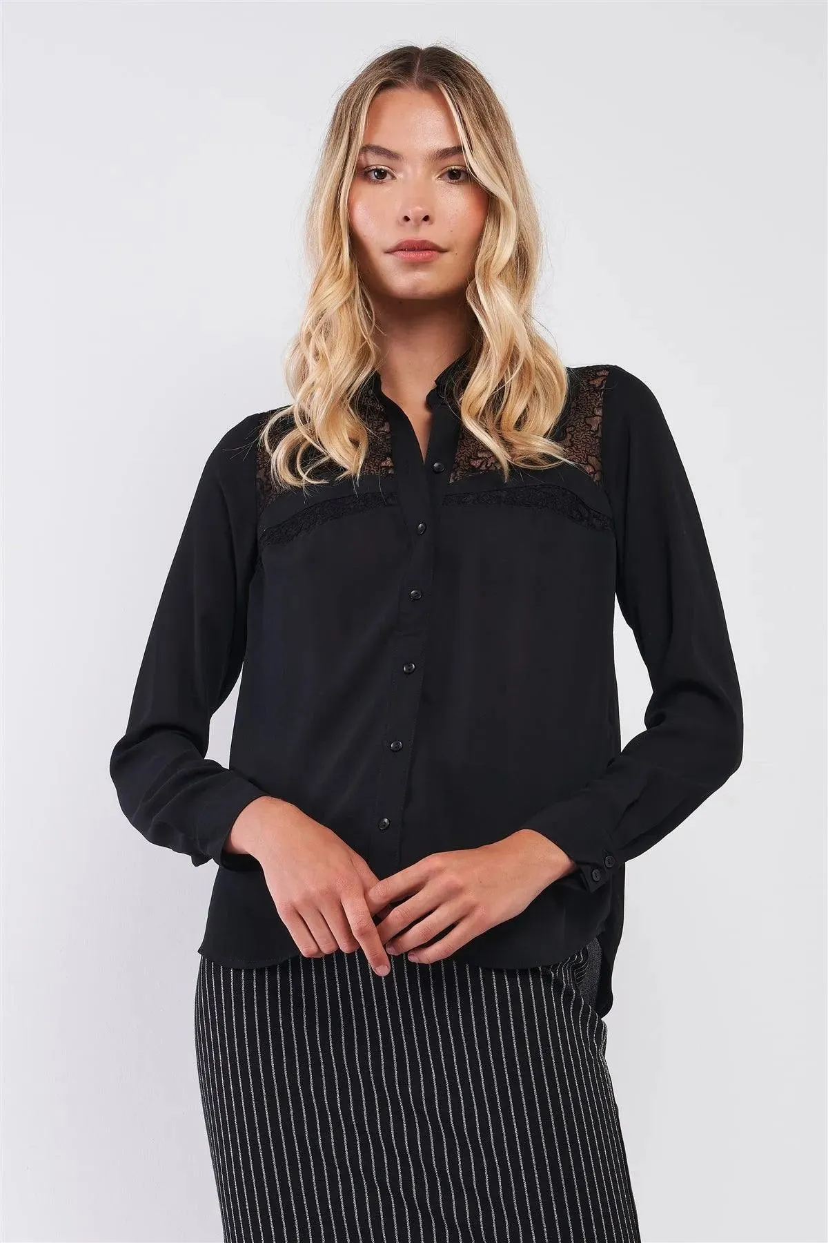 Black Embroidered Sheer Mesh Insert Detail Classic Collar Button-Down Front Shirt Top /1-1-3