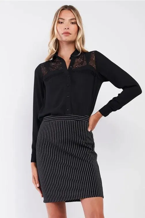 Black Embroidered Sheer Mesh Insert Detail Classic Collar Button-Down Front Shirt Top /1-1-3