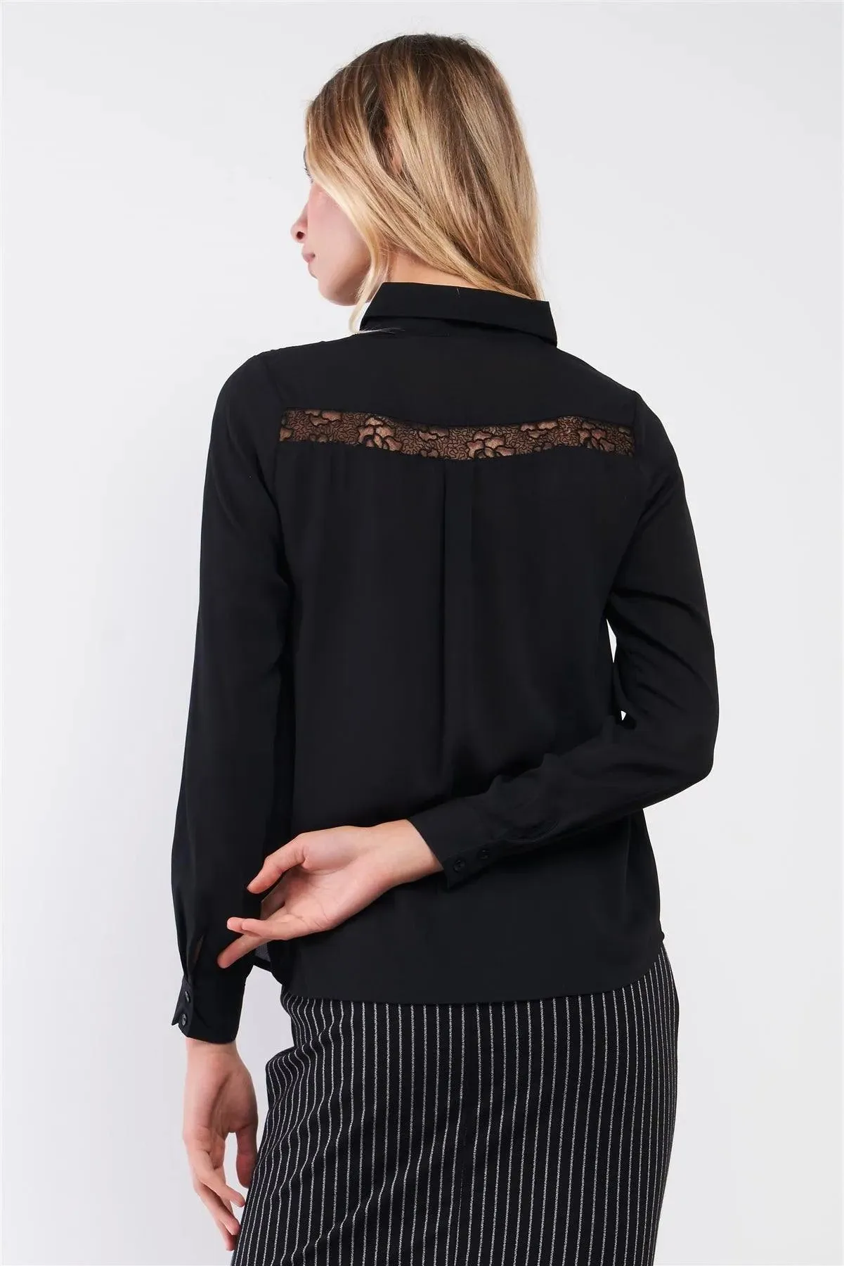 Black Embroidered Sheer Mesh Insert Detail Classic Collar Button-Down Front Shirt Top /1-1-3