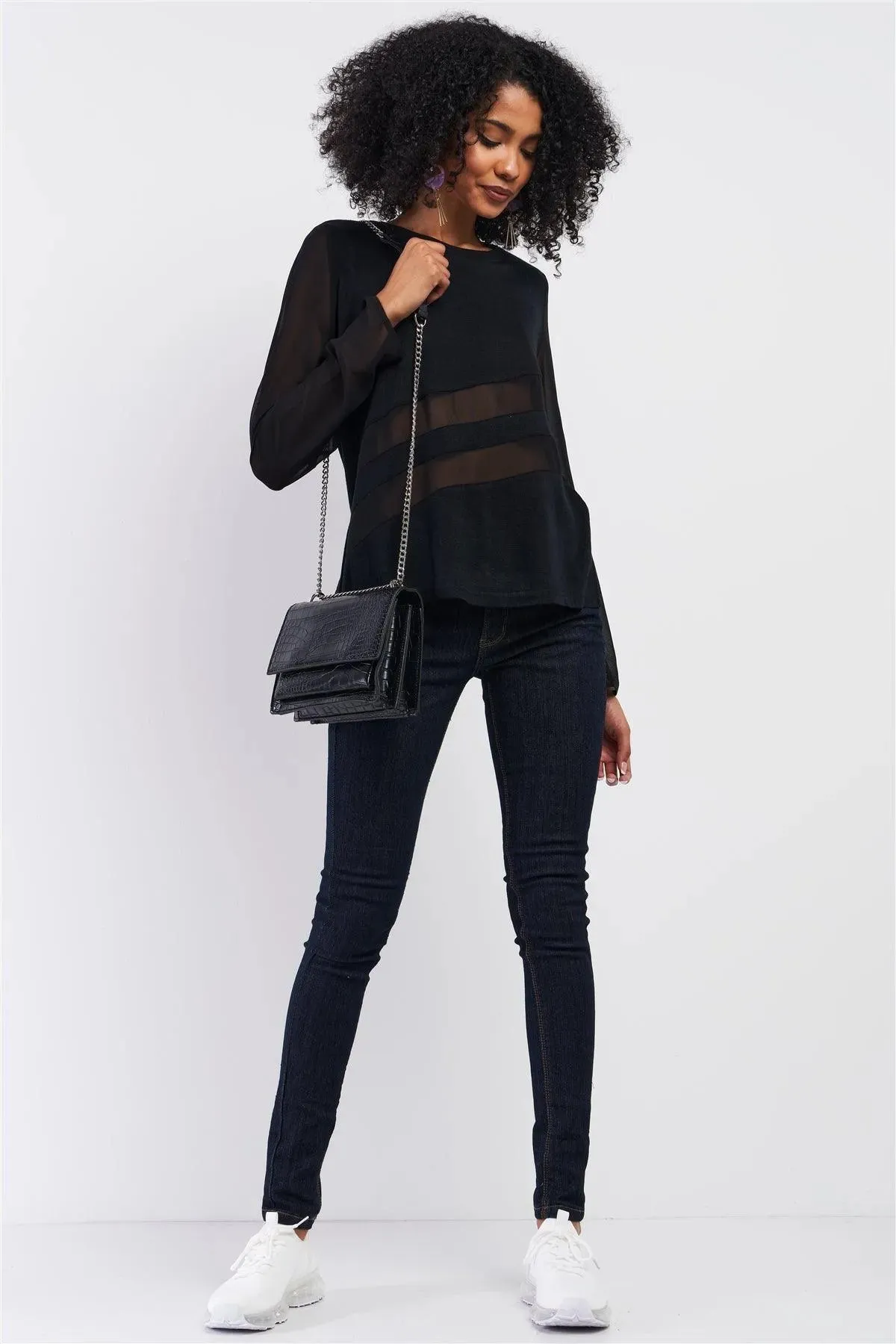 Black Long Sleeve Mesh Detail Relaxed Fit Knit Top /1-2-2-1