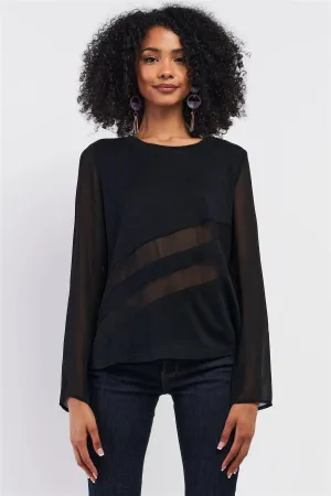 Black Long Sleeve Mesh Detail Relaxed Fit Knit Top /1-2-2-1