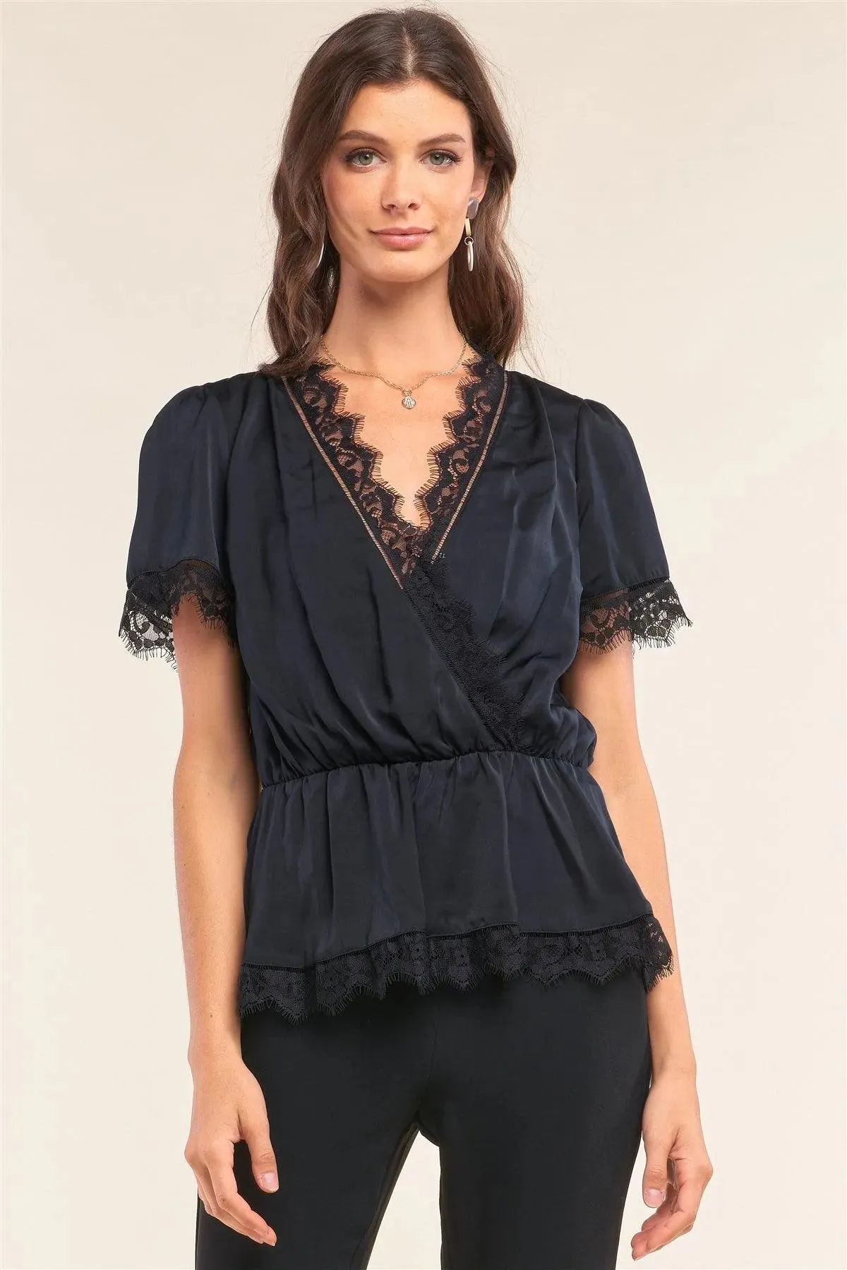 Black Satin Wrap Deep Plunge V-Neck Lace Hem Detail Flare Top /2-2