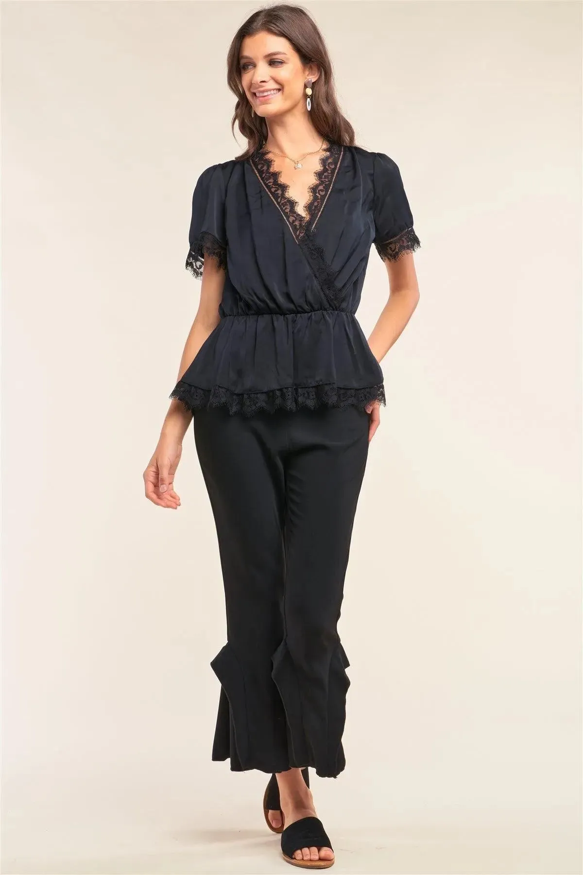 Black Satin Wrap Deep Plunge V-Neck Lace Hem Detail Flare Top /2-2