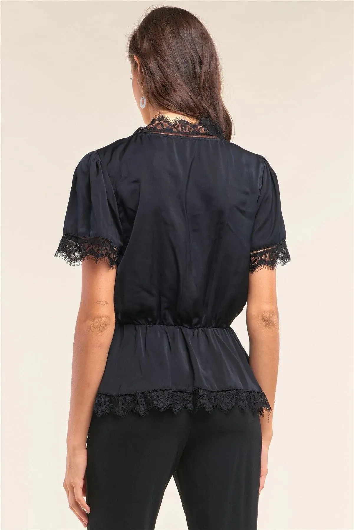 Black Satin Wrap Deep Plunge V-Neck Lace Hem Detail Flare Top /2-2