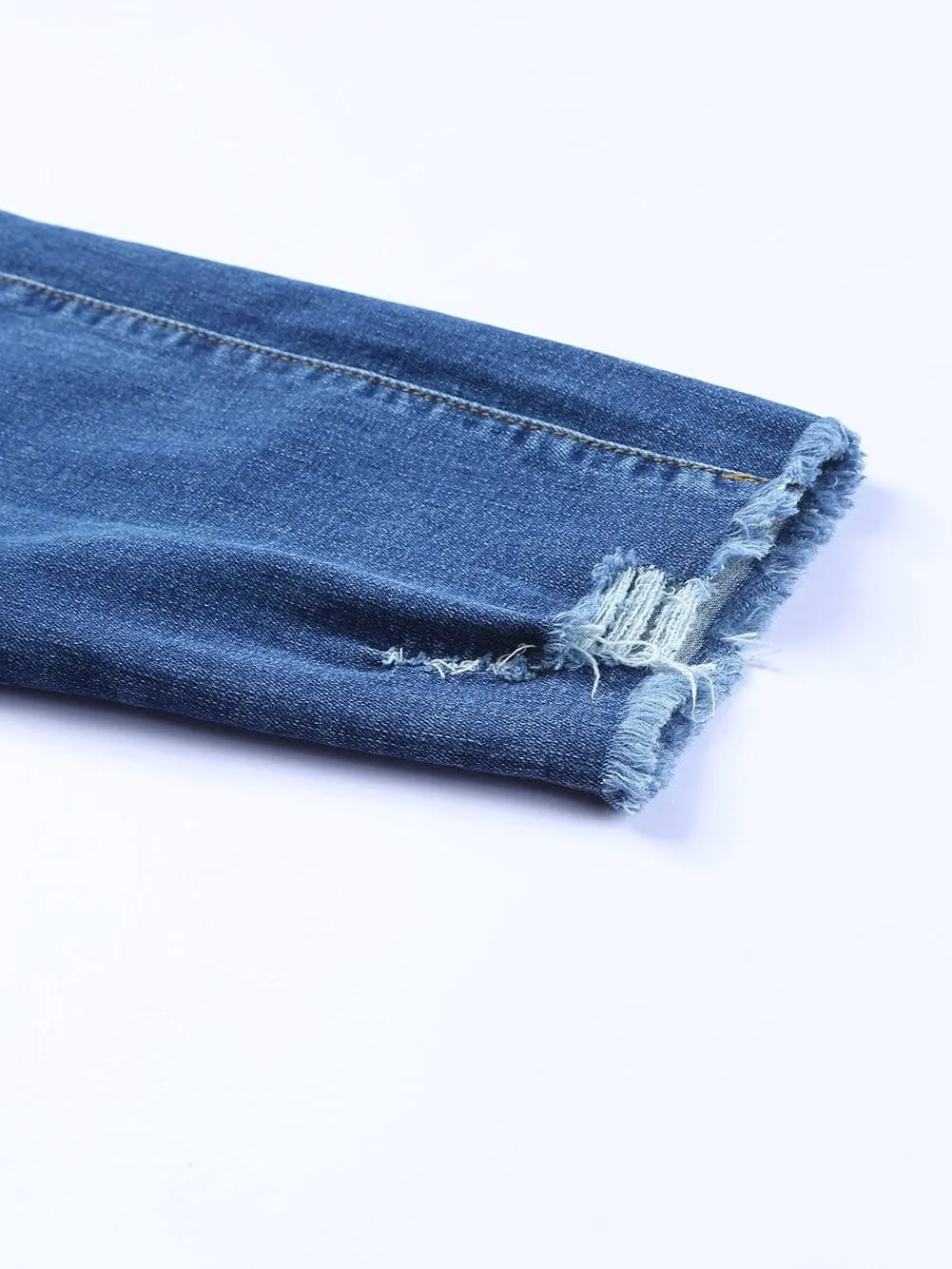 Blue Distressed Skinny Jeans with Raw Hem and Ankle-Length Cut