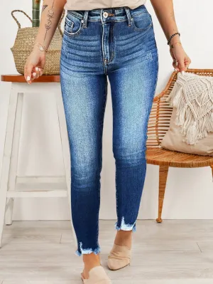 Blue Distressed Skinny Jeans with Raw Hem and Ankle-Length Cut