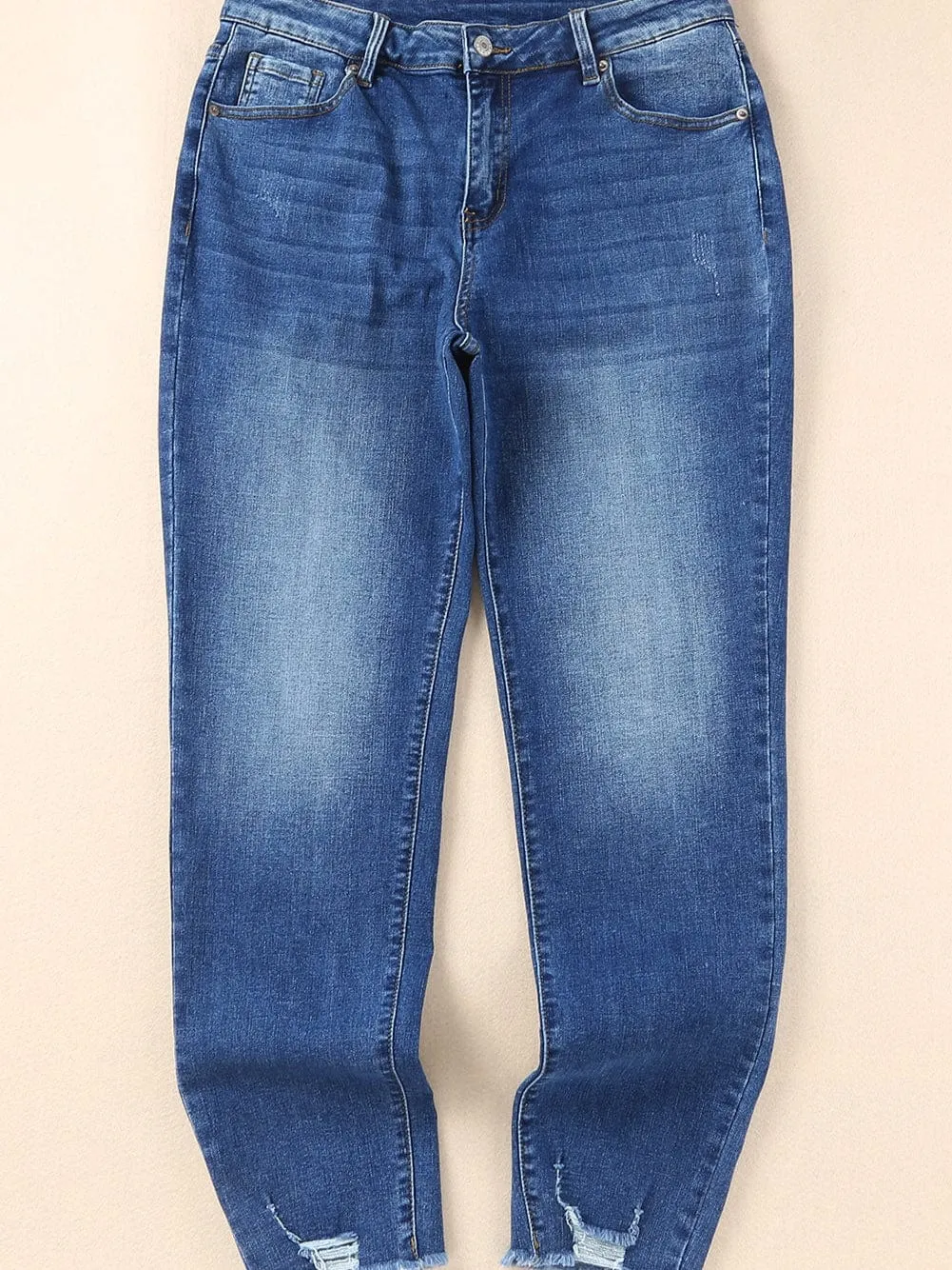 Blue Distressed Skinny Jeans with Raw Hem and Ankle-Length Cut