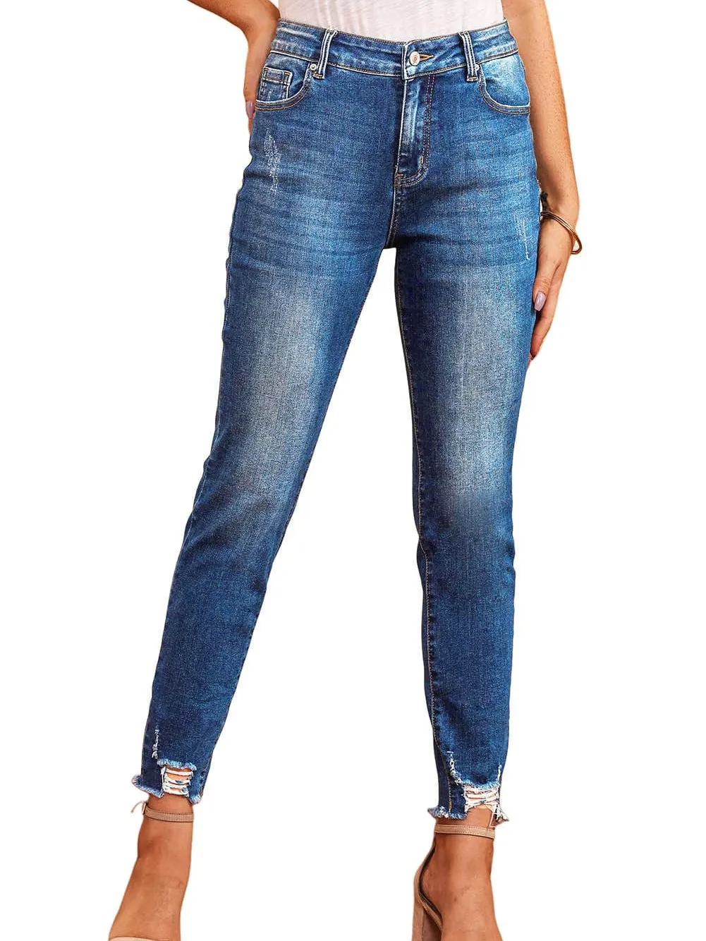 Blue Distressed Skinny Jeans with Raw Hem and Ankle-Length Cut