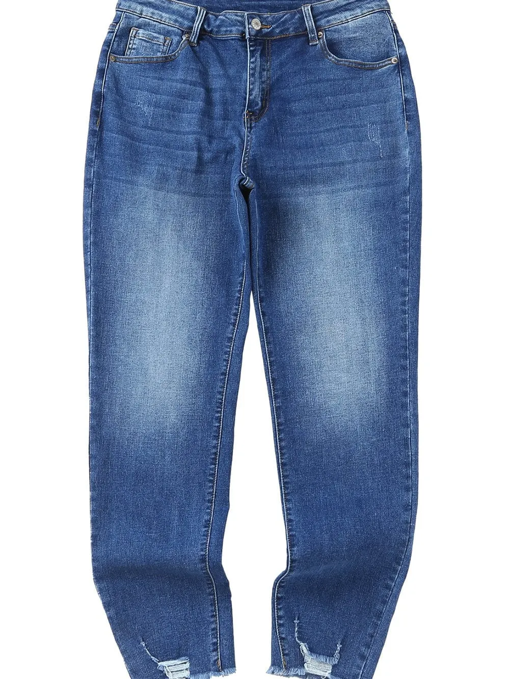 Blue Distressed Skinny Jeans with Raw Hem and Ankle-Length Cut