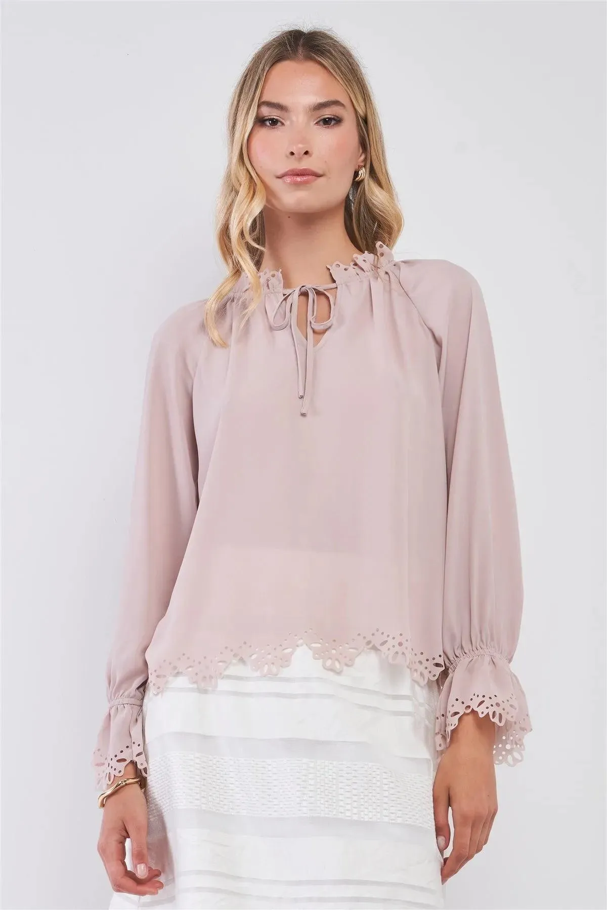 Blush Long Balloon Sleeve Loose Fit Front Draw String Tie Laser Cut Out Flounce Top /2-2-1