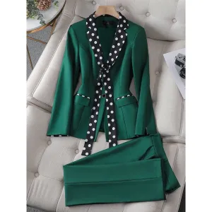 CAROLINE SUITS Women's Elegant Stylish Fashion Polka Dots Design Office Green Blazer Jacket & Pants Suit Set