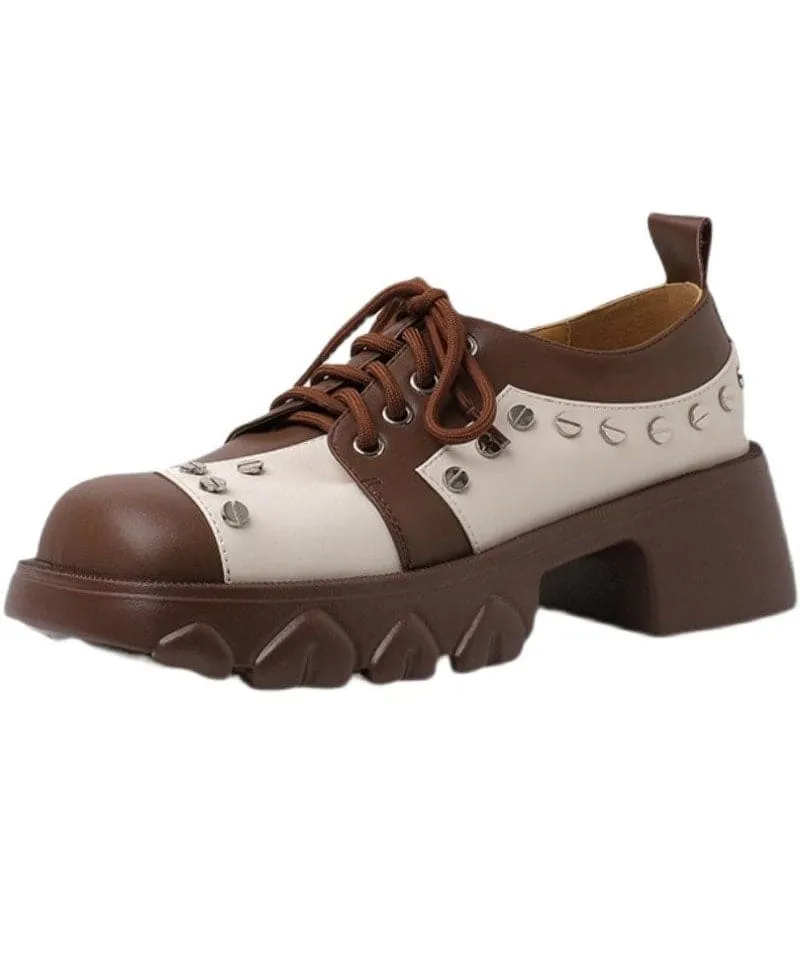 Casual Lace Up Chunky High Heels Brown Cowhide Leather Loafers For Women