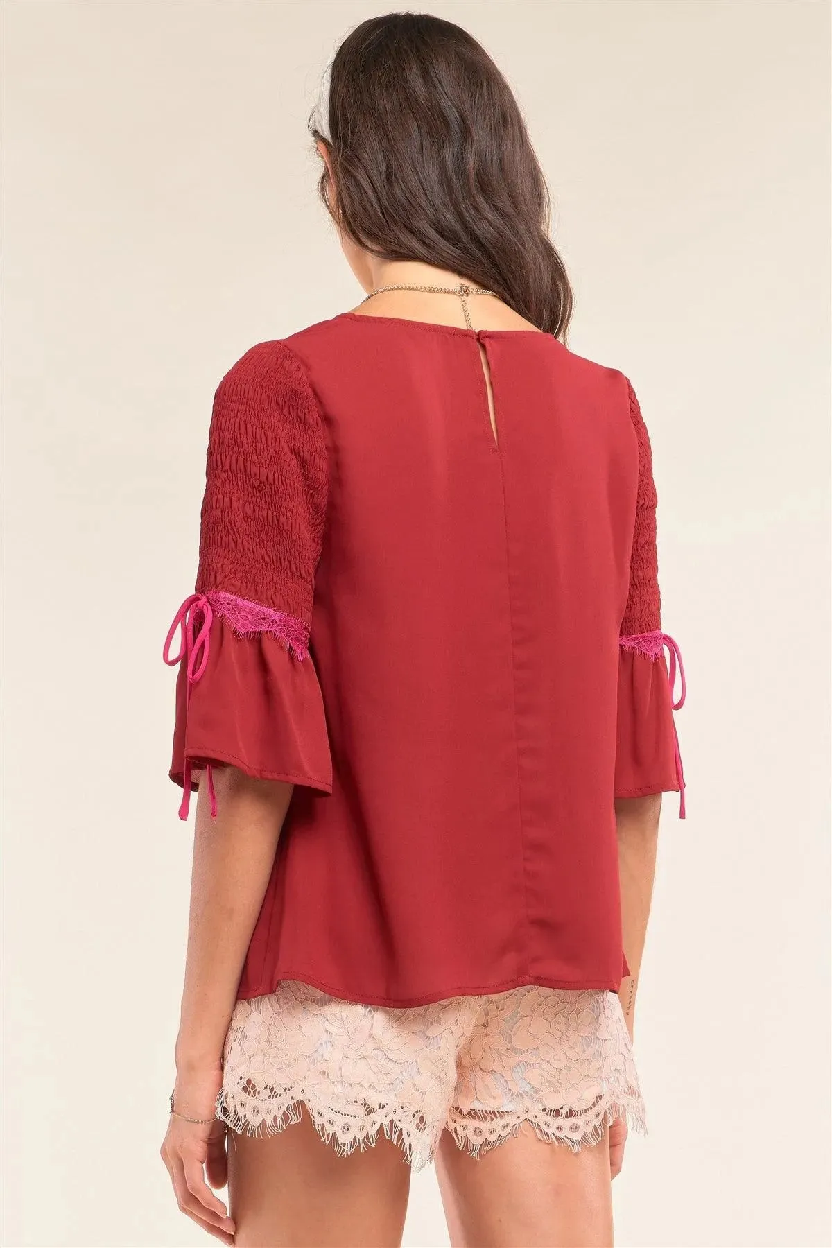 Cherry Red Relaxed Fit Round Neck Flare Hem Smock Midi Sleeve Lace Self-Tie Detail Blouse /1-2-2-1