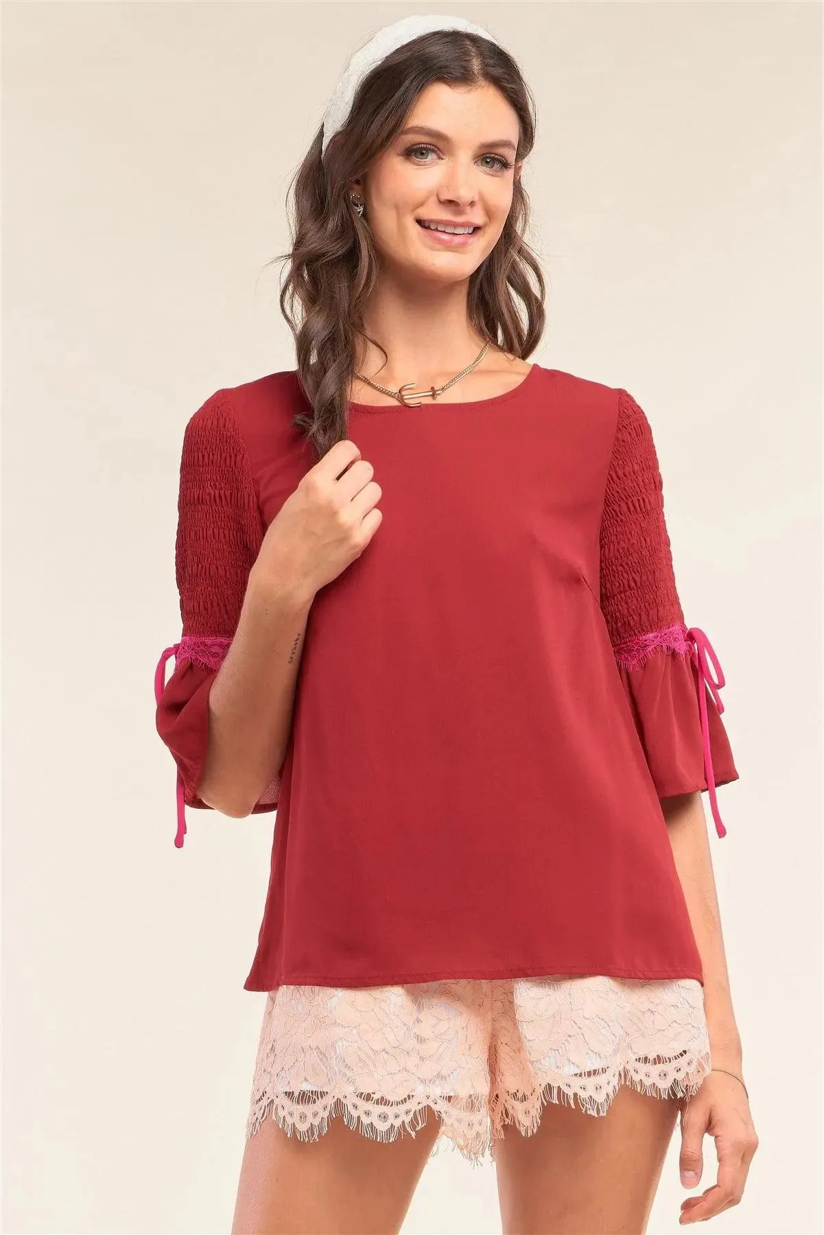 Cherry Red Relaxed Fit Round Neck Flare Hem Smock Midi Sleeve Lace Self-Tie Detail Blouse /1-2-2-1