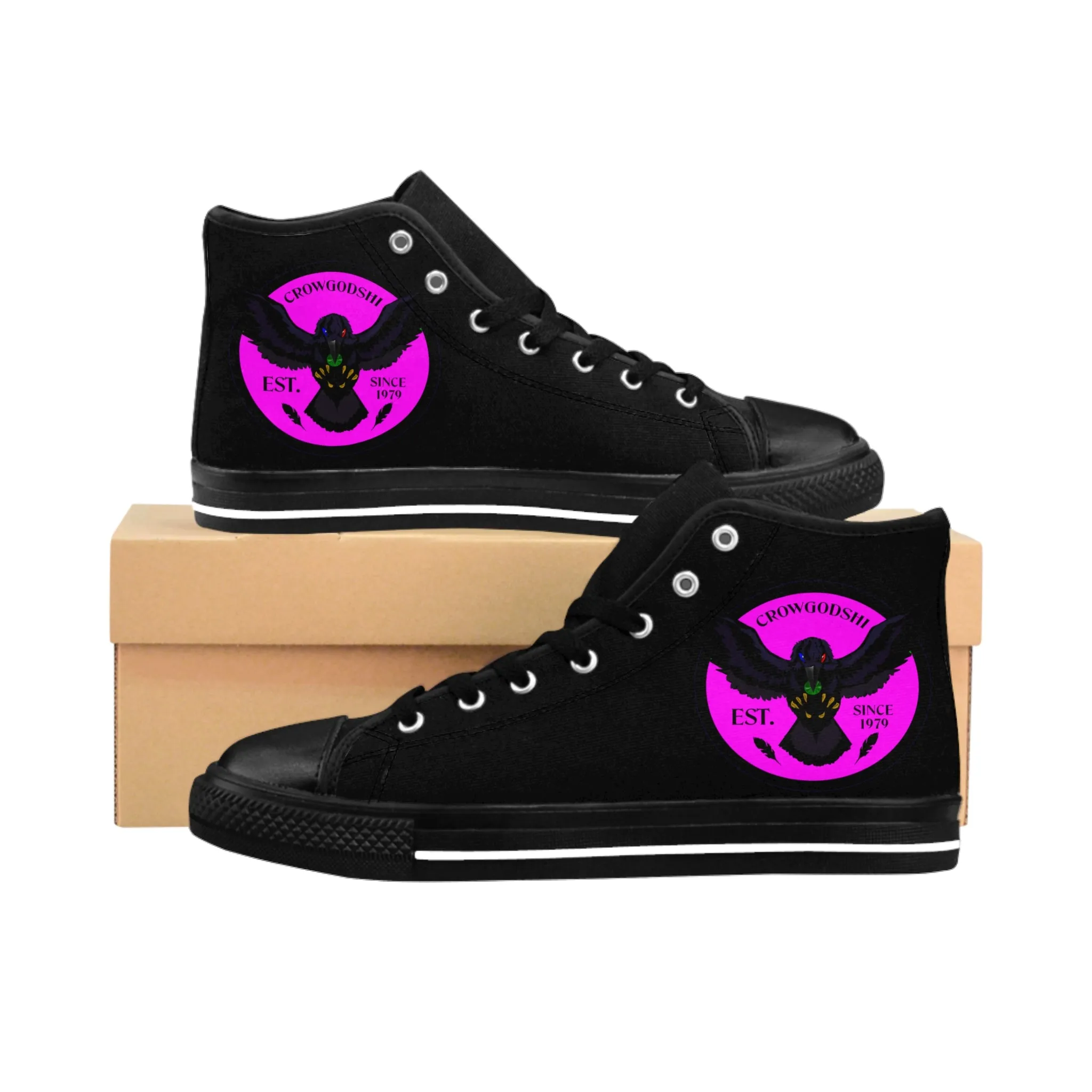 Crowgodshi 2nd Gen. High-Tops, Black on Black w/ PINK LOGO