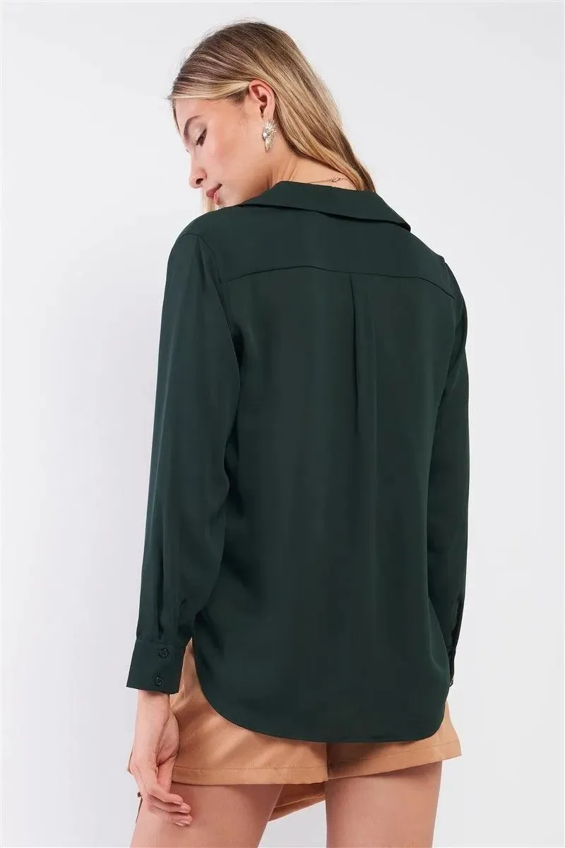 Dark Green Long Sleeve Button Down Two Front Pockets Side Slit Shirt Top