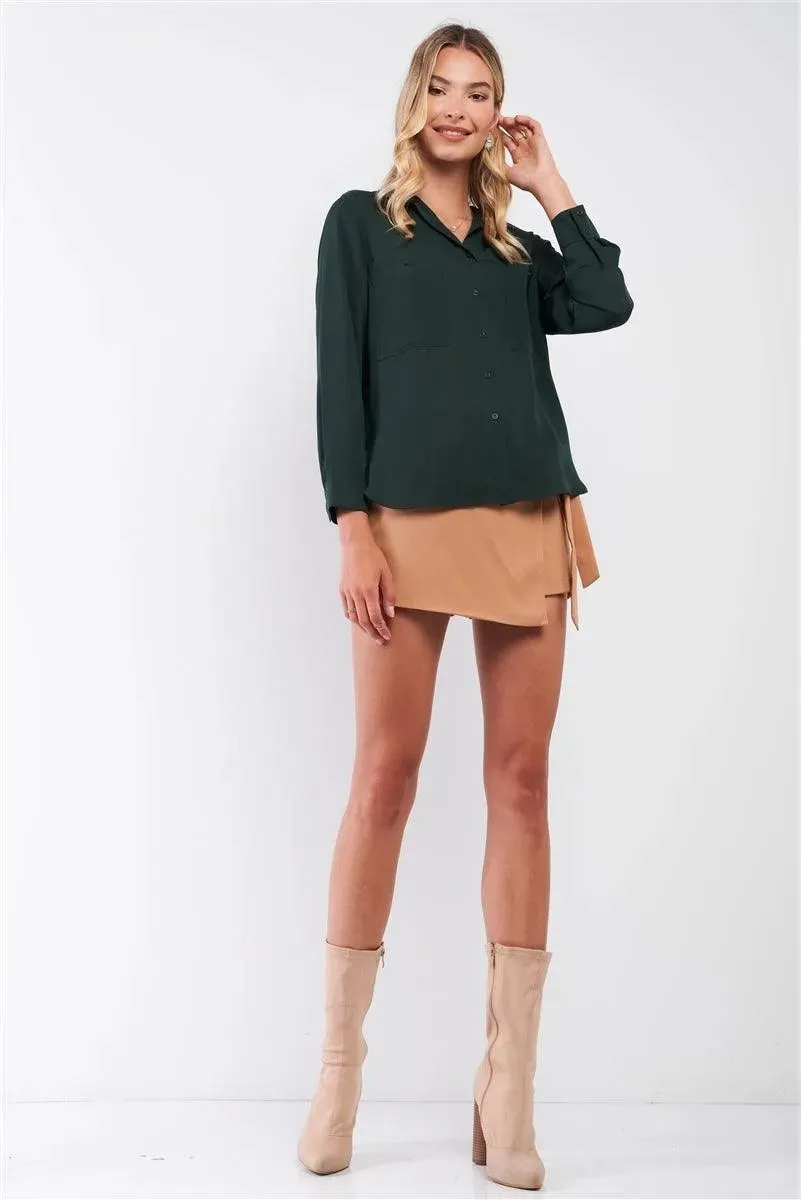 Dark Green Long Sleeve Button Down Two Front Pockets Side Slit Shirt Top