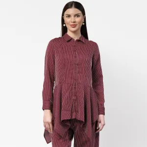 Dark Pink Asymmetrical Shirt With White Lines