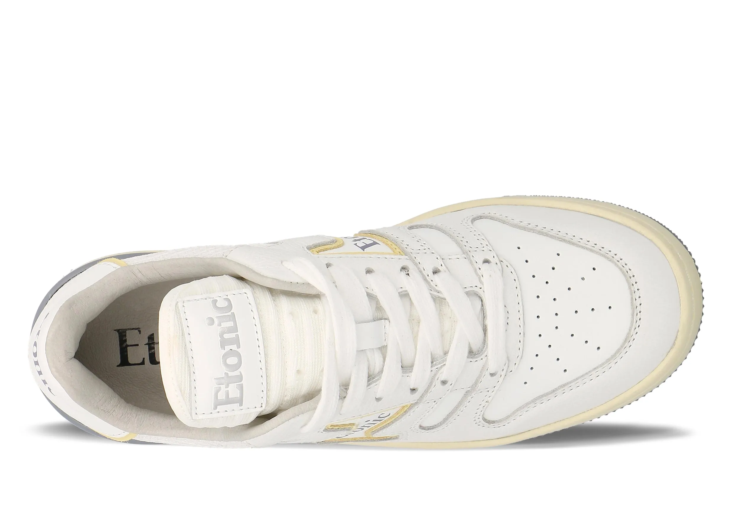 Etonic B481 sneakers in white leather, white mesh, yellow and smoke grey green details with beige midsole and smoke grey bottom outsole.