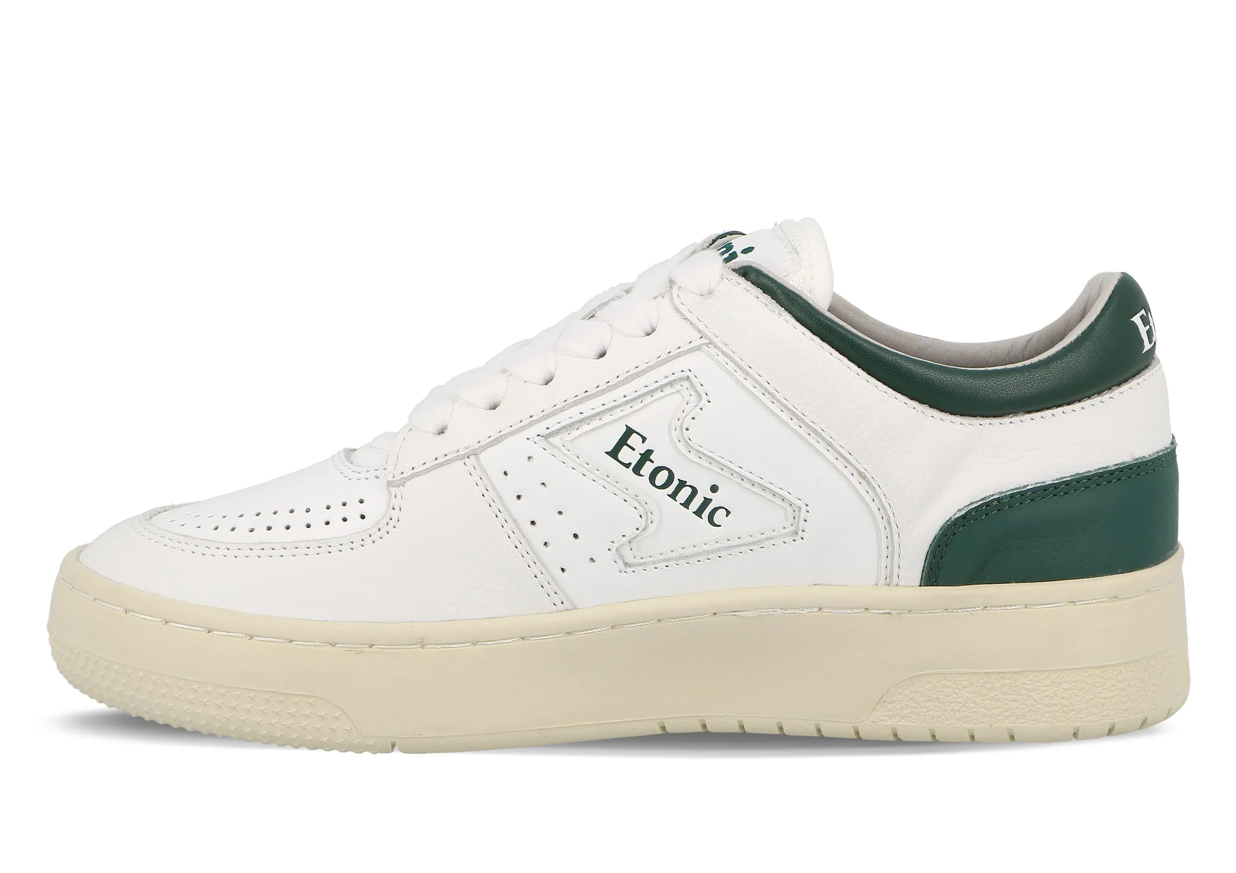 Etonic B509 sneakers in white leather with dark green details and beige outsole.