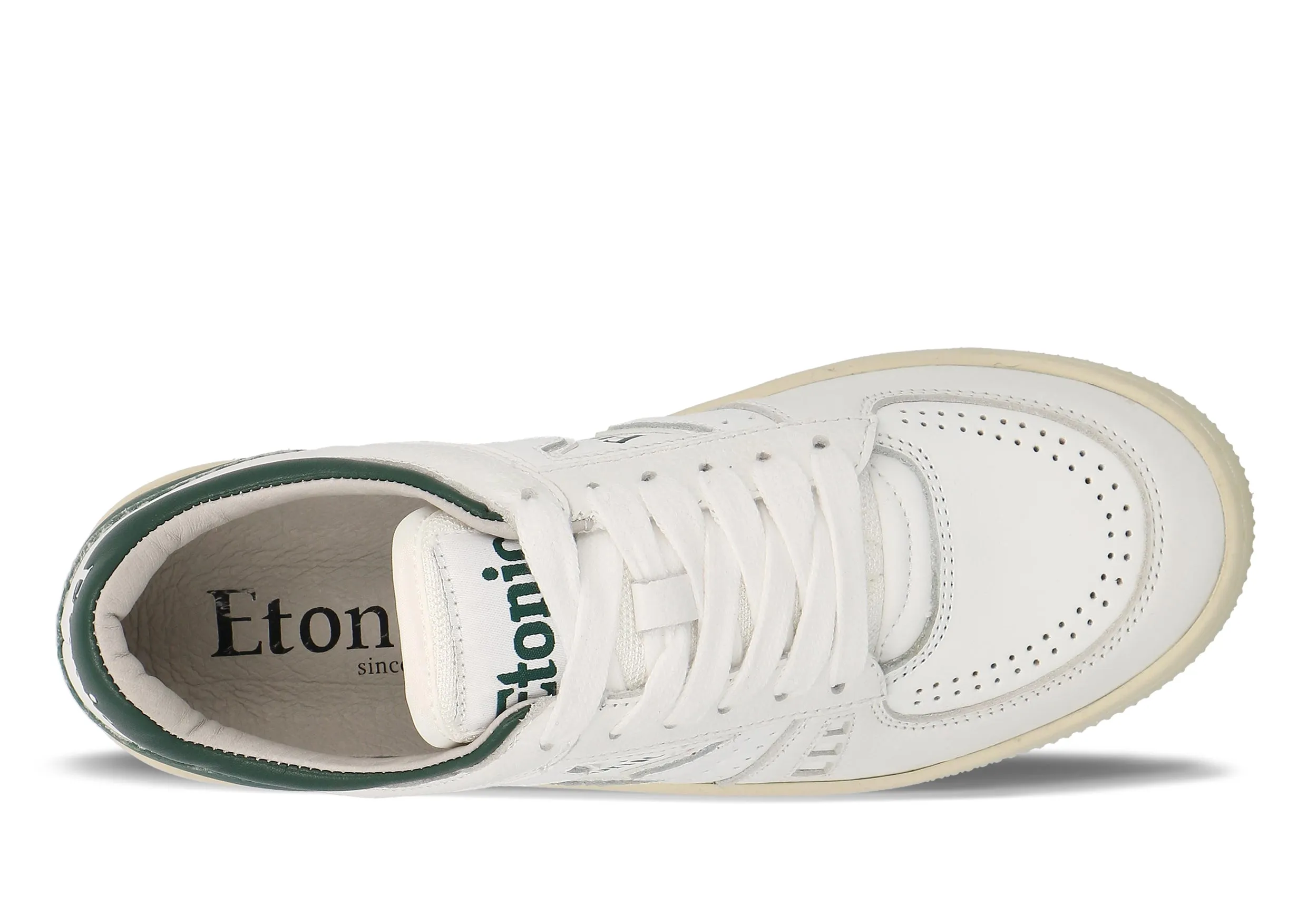 Etonic B509 sneakers in white leather with dark green details and beige outsole.