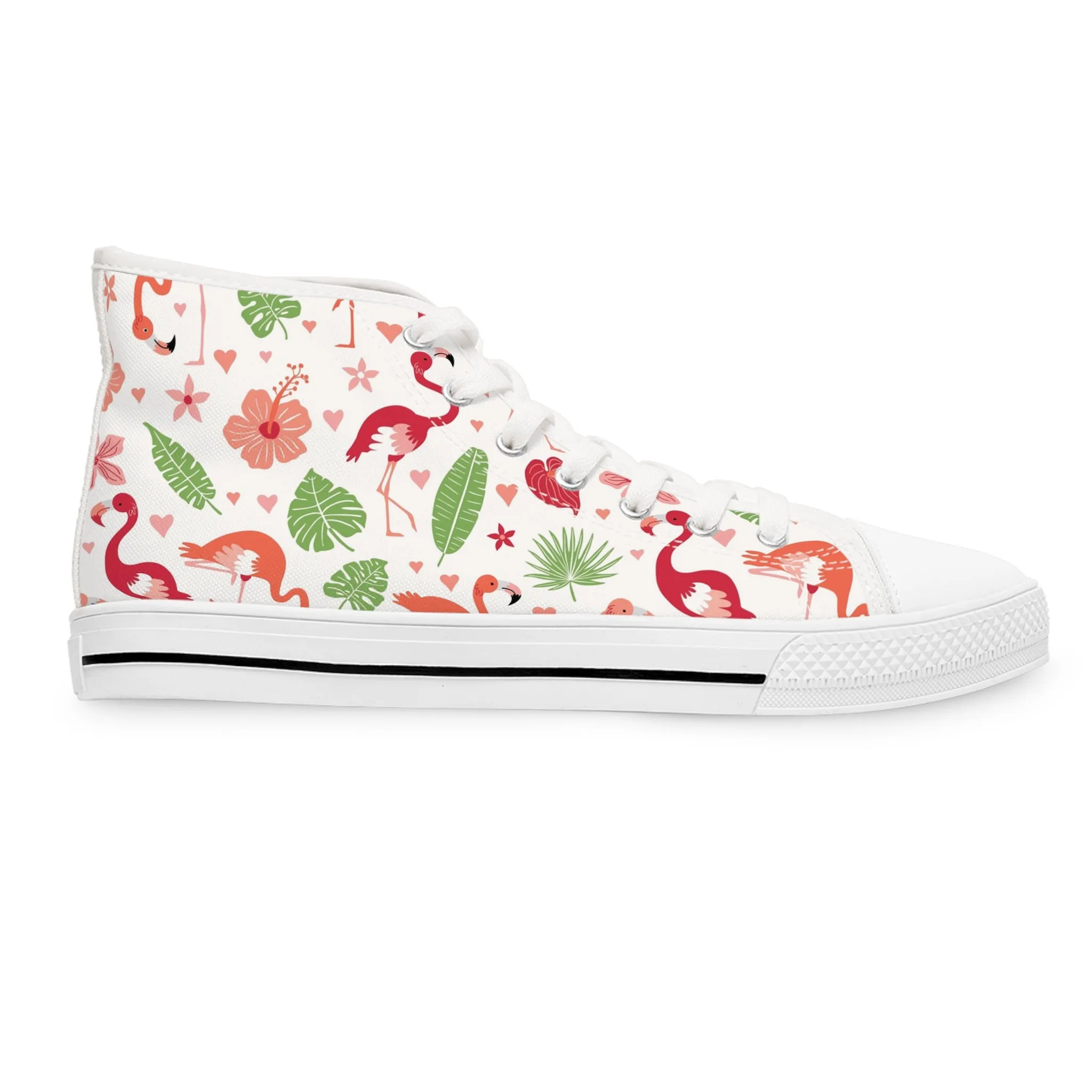 Flamingo and Green Leaves Women's High Top Sneakers