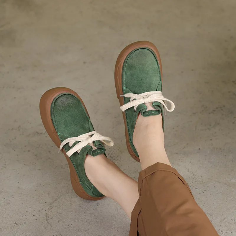 Handmade Soft Leather Lace Up Platform Oxford Shoes Coffee/Green