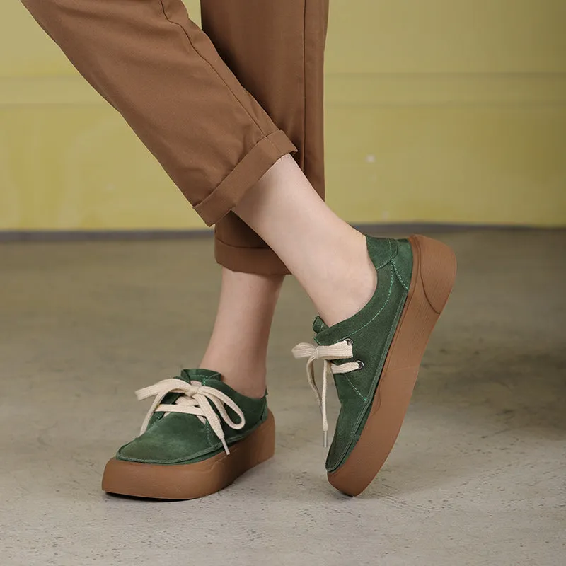 Handmade Soft Leather Lace Up Platform Oxford Shoes Coffee/Green