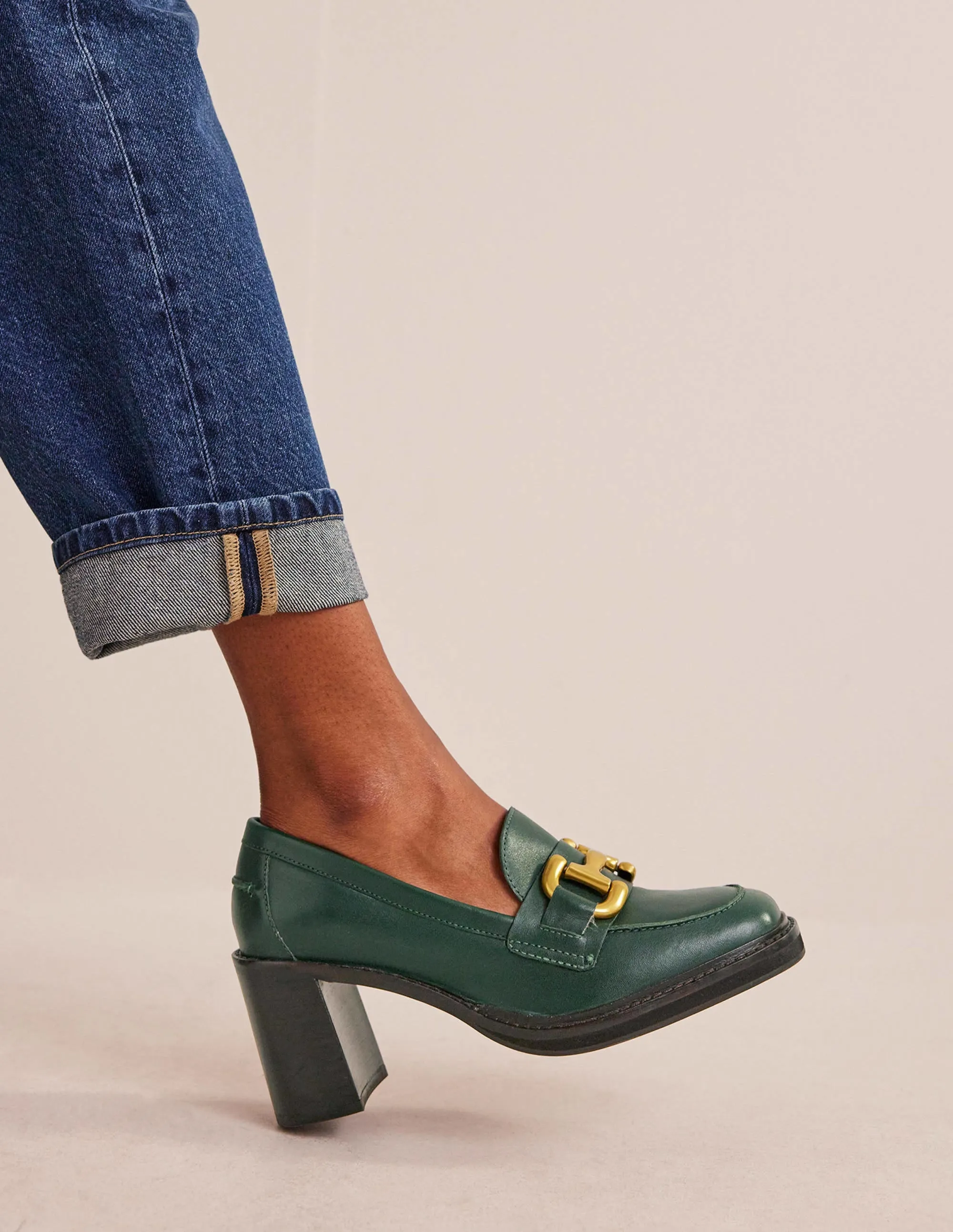 Iris Snaffle Heeled Loafers-Dark Green Leather