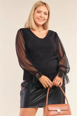 Junior Plus Size Black Relaxed Fit Deep Plunge V-Neck Long Polka Dot Mesh Balloon Sleeve Top /2-2-2