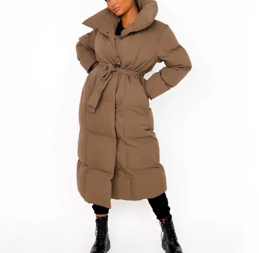 Long Tie Up Waist Puffer Jacket