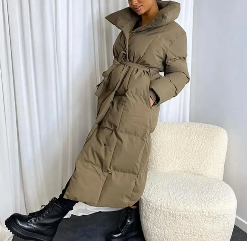 Long Tie Up Waist Puffer Jacket