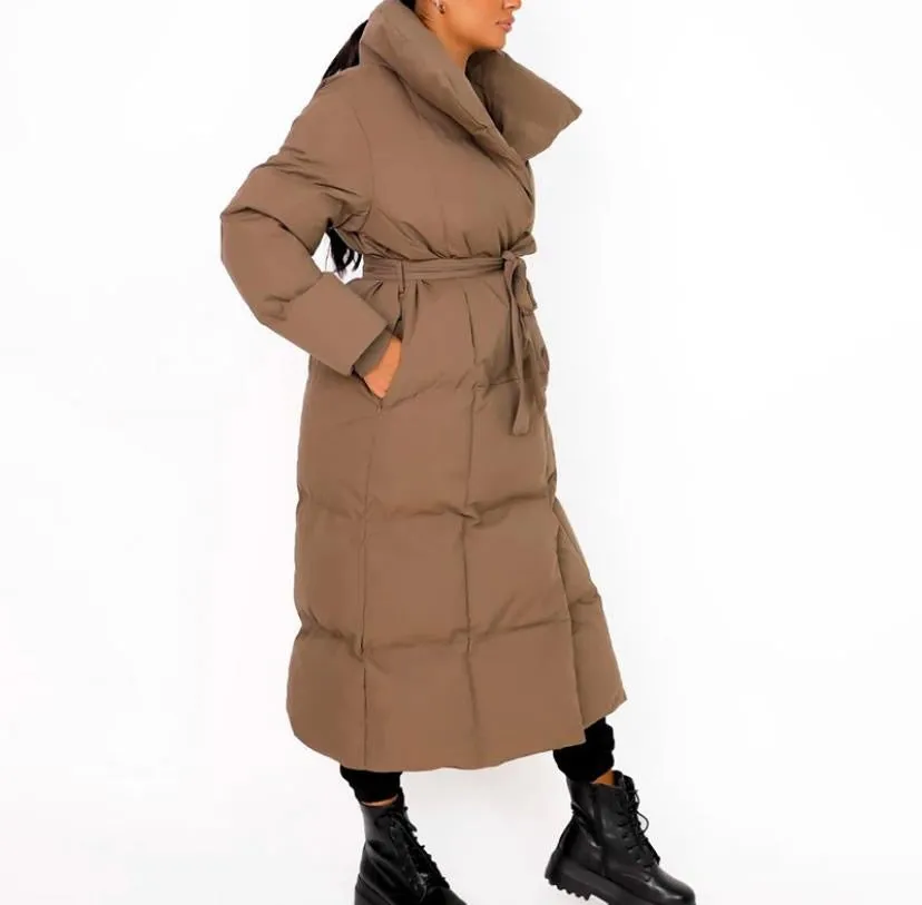 Long Tie Up Waist Puffer Jacket