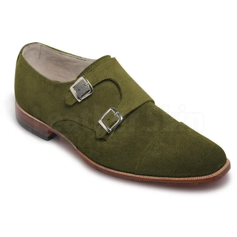 Men Green Double Monk Suede Leather Shoes