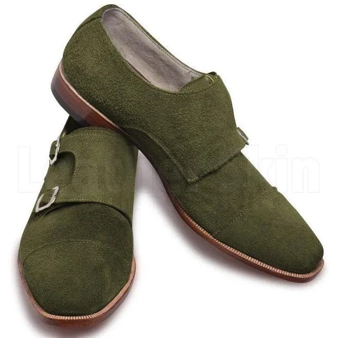 Men Green Double Monk Suede Leather Shoes