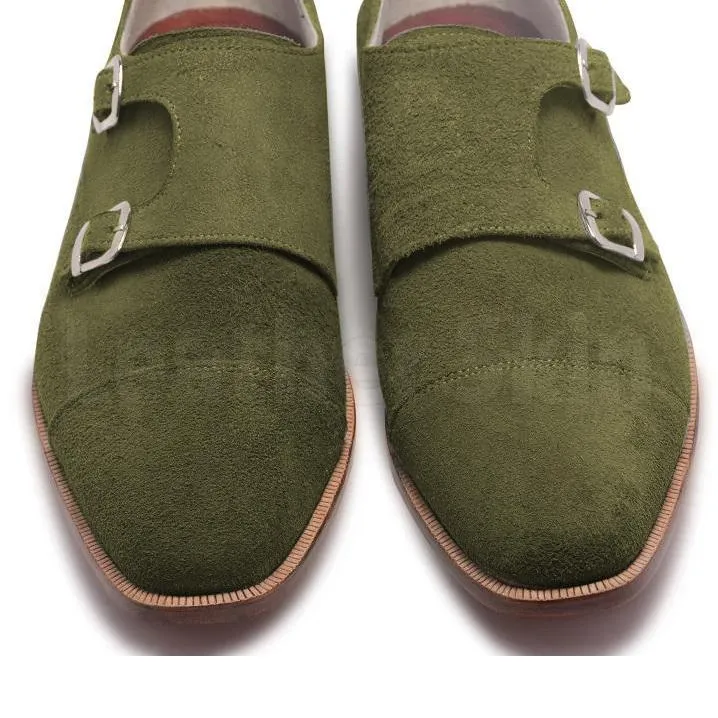 Men Green Double Monk Suede Leather Shoes