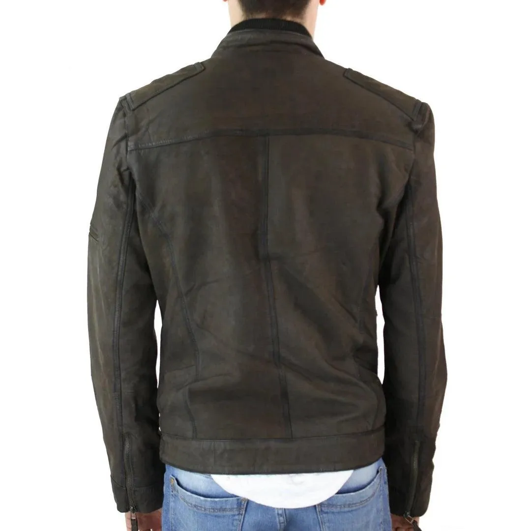 Mens Biker Motorcycle Vintage Distressed Brown Zip Short Leather Jacket Suede