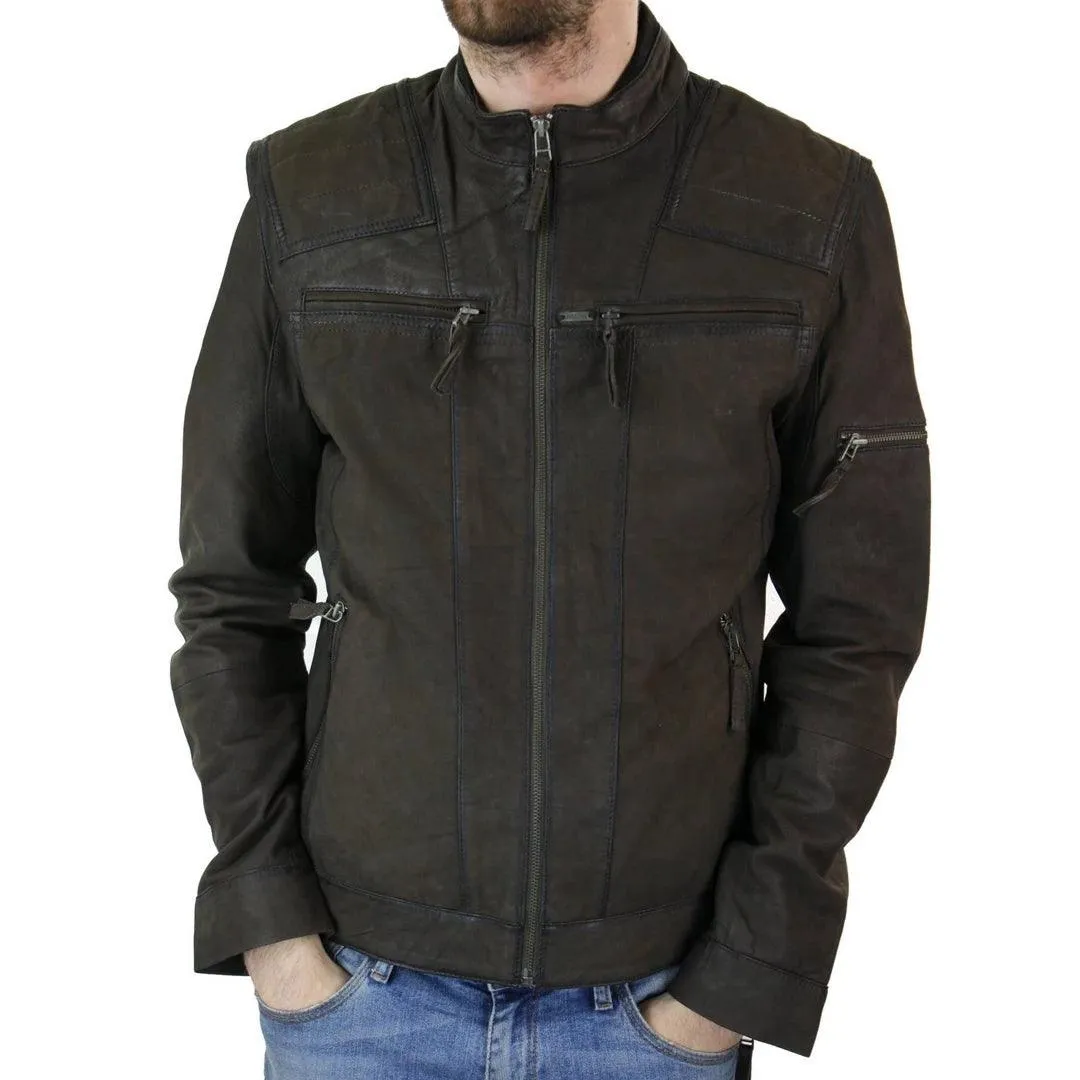 Mens Biker Motorcycle Vintage Distressed Brown Zip Short Leather Jacket Suede