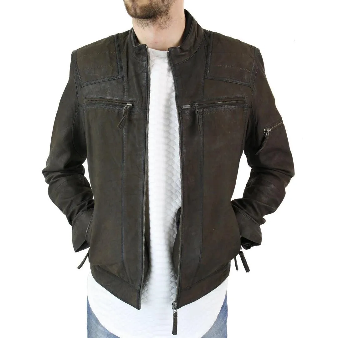 Mens Biker Motorcycle Vintage Distressed Brown Zip Short Leather Jacket Suede