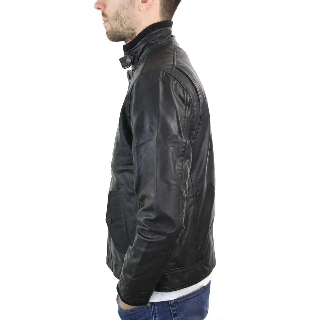 Men's Leather Zipped Black Jacket Short Coat