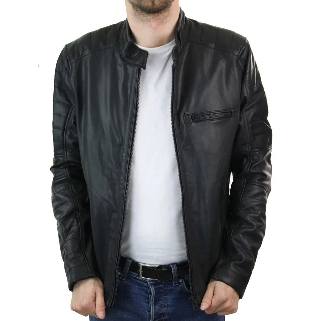 Men's Racing Black Zipped Biker Jacket Leather