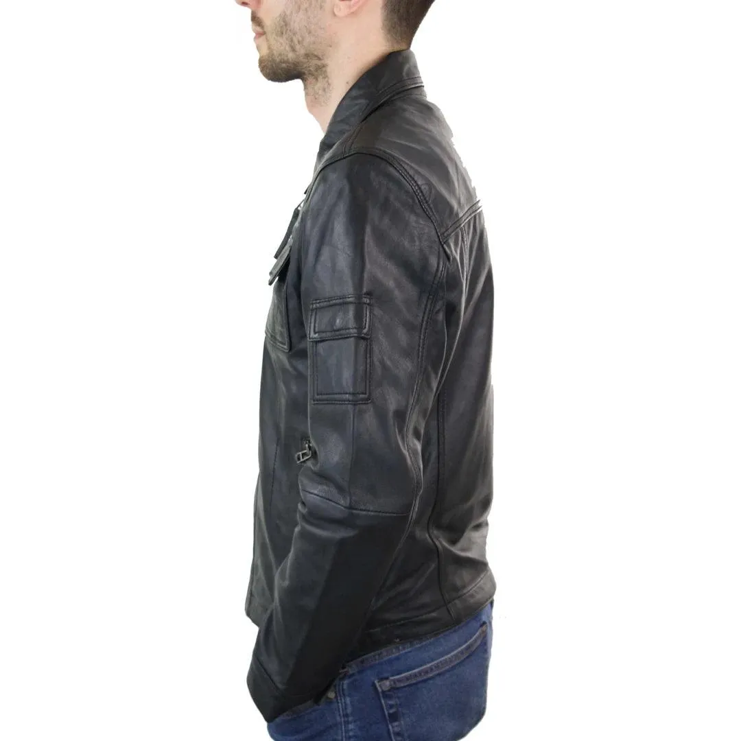 Mens Short Box Real Leather Jacket Black Vintage Slim Fit Retro Zipped Casual