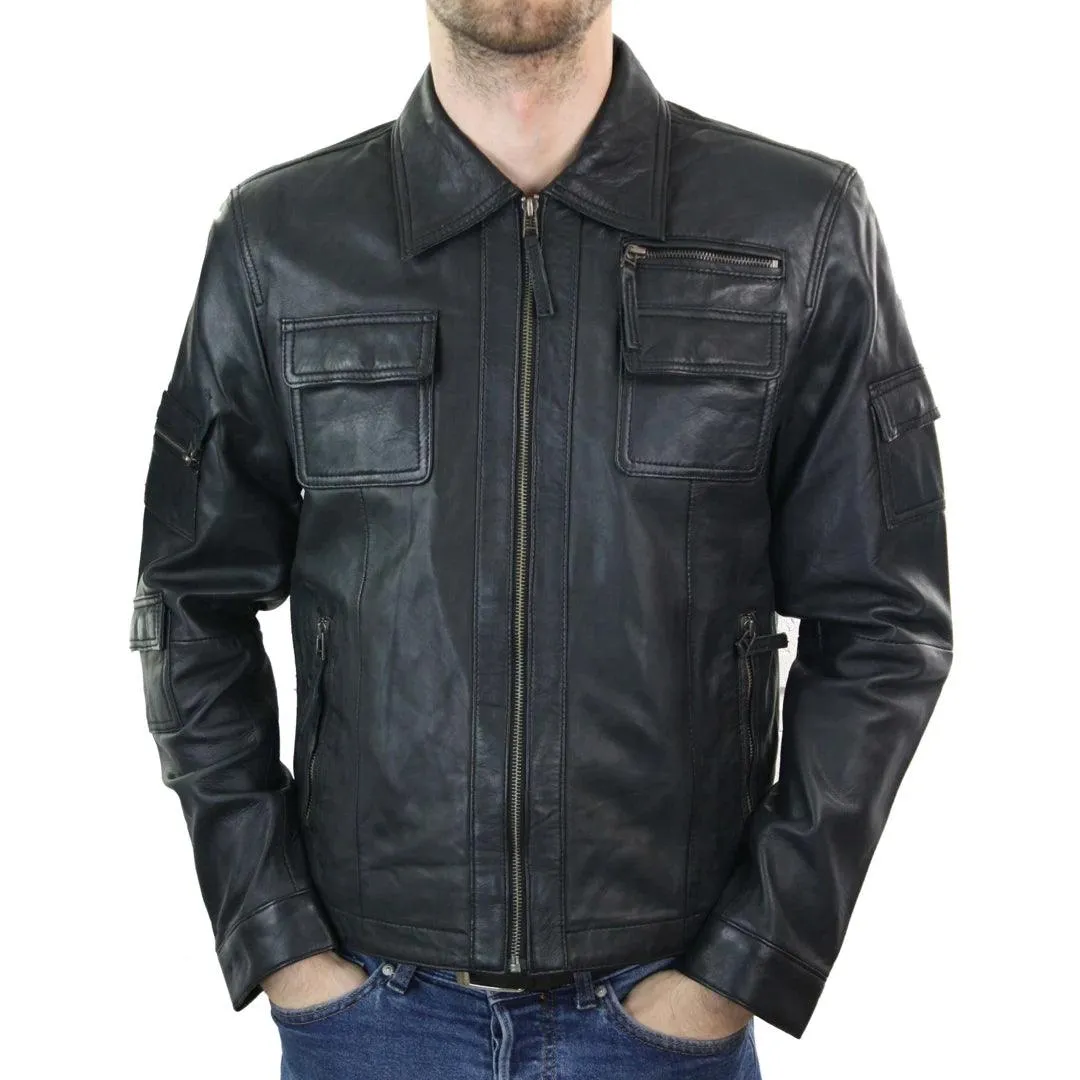 Mens Short Box Real Leather Jacket Black Vintage Slim Fit Retro Zipped Casual