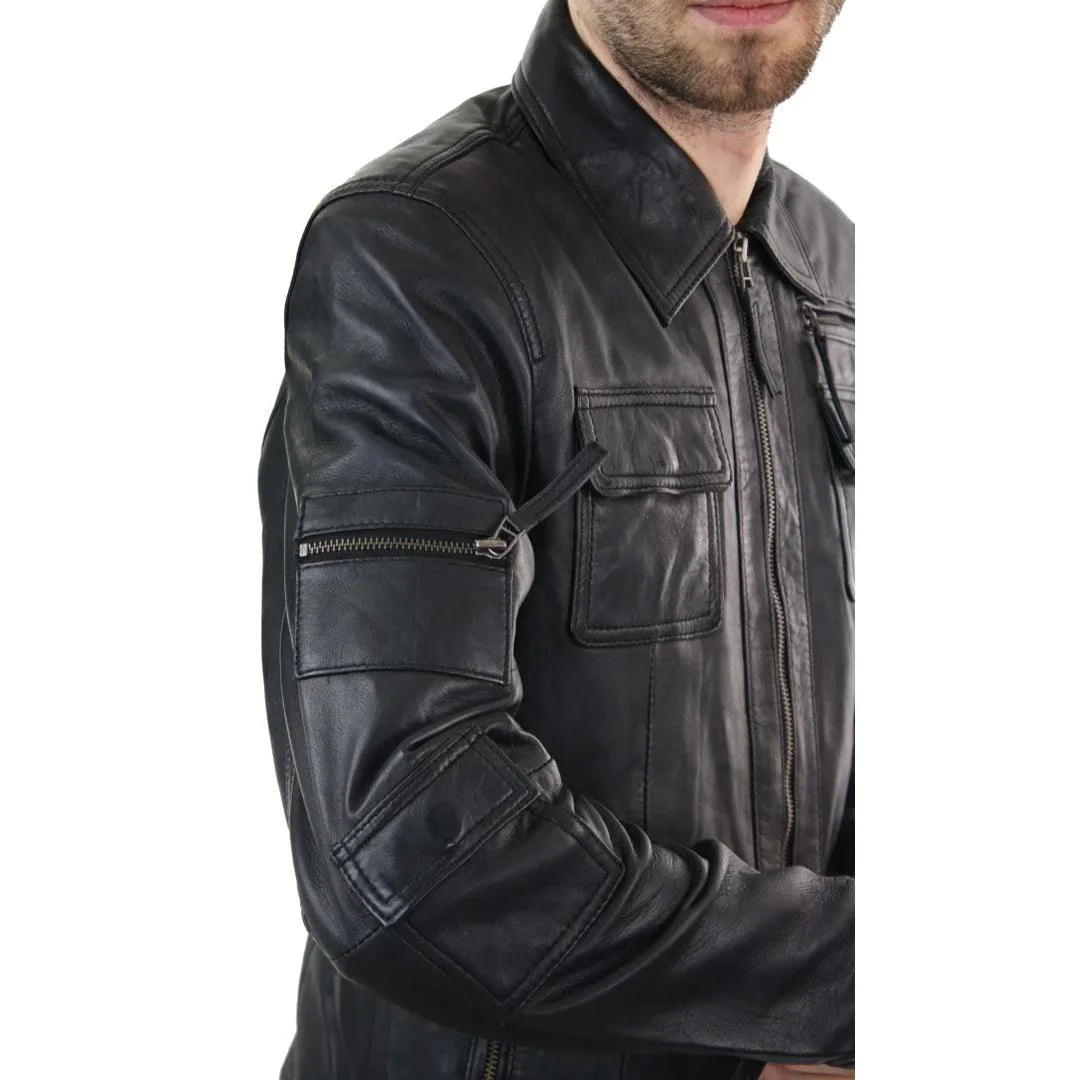 Mens Short Box Real Leather Jacket Black Vintage Slim Fit Retro Zipped Casual