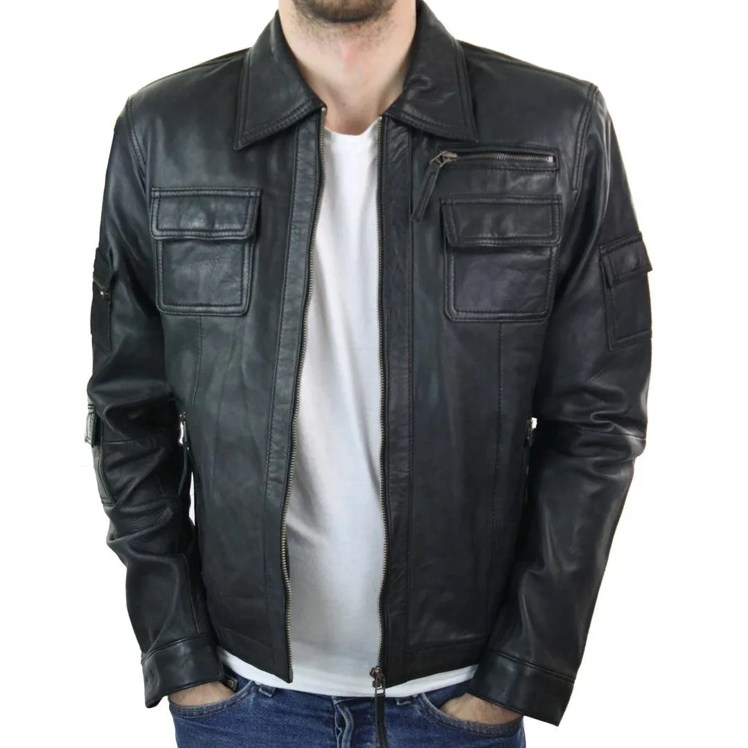 Mens Short Box Real Leather Jacket Black Vintage Slim Fit Retro Zipped Casual