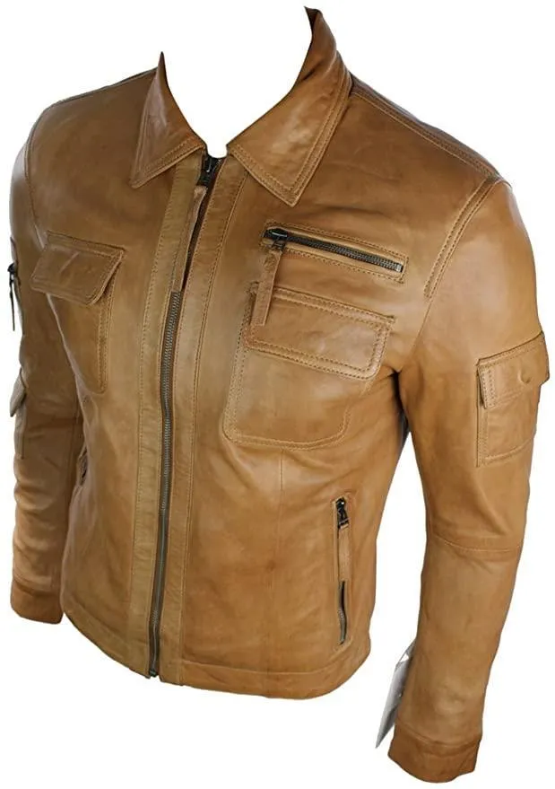 Mens Short Box Real Leather Jacket Black Vintage Slim Fit Retro Zipped Casual