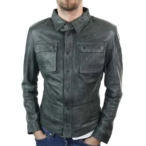 Mens Stud Shirt Real Leather Jacket Tan Grey Black Vintage Skinny Slim Fit Retro