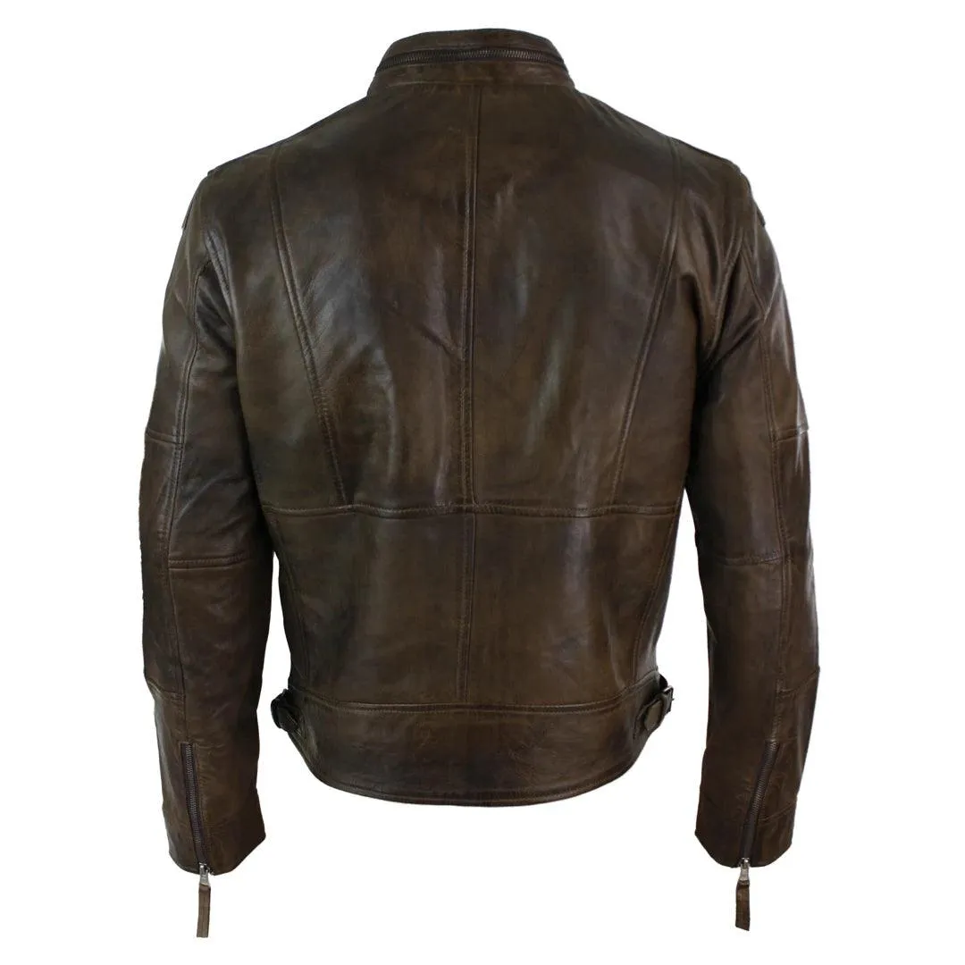 Mens Zipped Biker Style Smart Casual Real Leather Jacket Black Brown Olive Urban