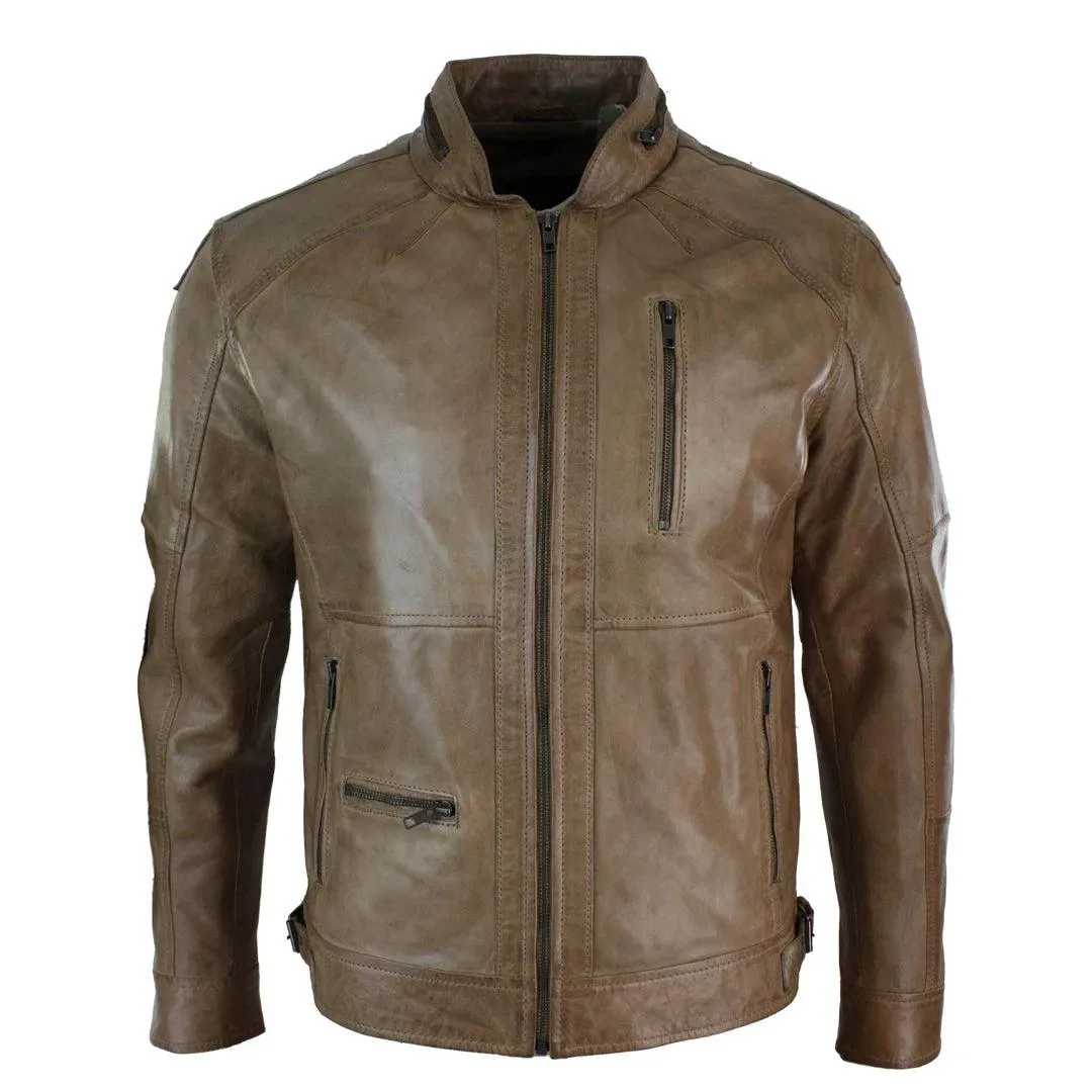 Mens Zipped Biker Style Smart Casual Real Leather Jacket Black Brown Olive Urban