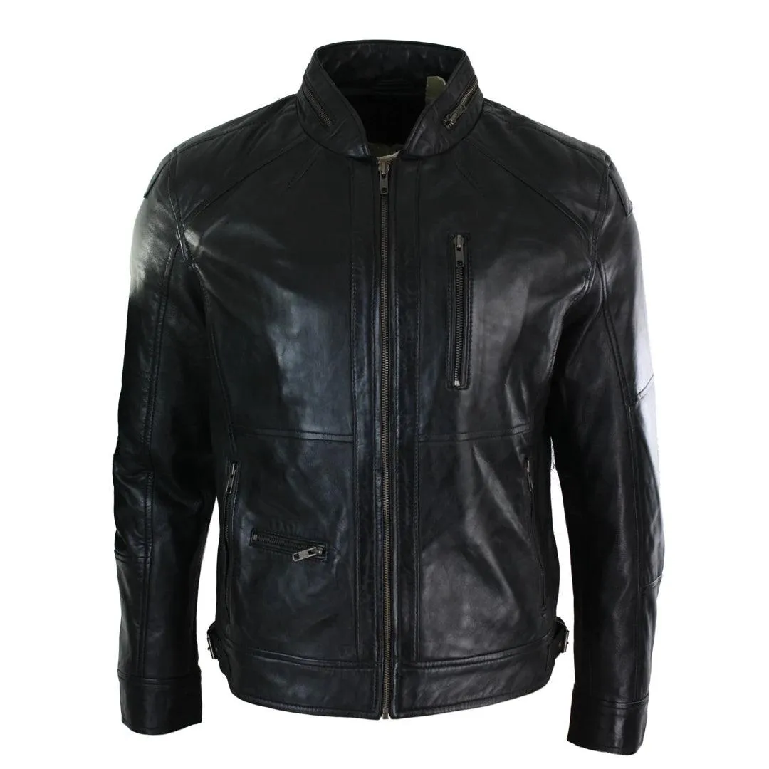 Mens Zipped Biker Style Smart Casual Real Leather Jacket Black Brown Olive Urban